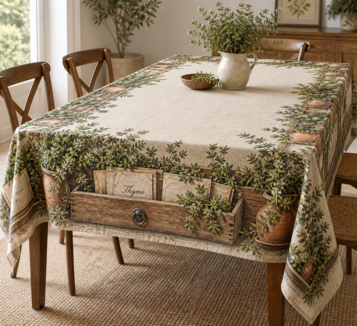 Thyme Apothecary Drawer Tablecloth with printed dimensional artwork