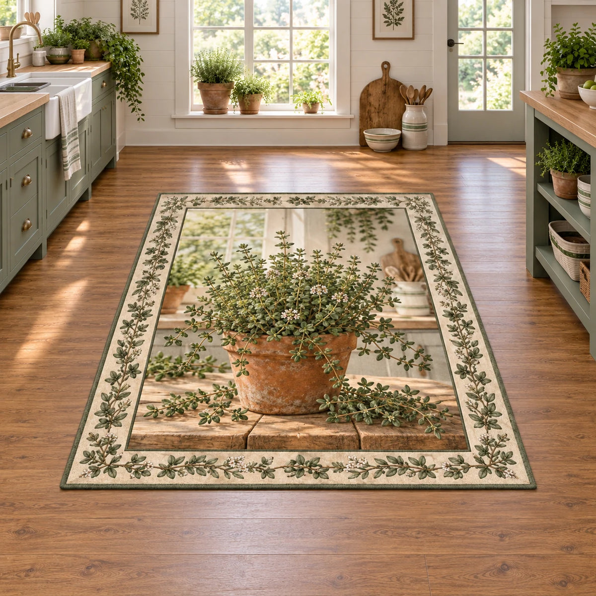Thyme area rug with terracotta pot, tiny green leaves, botanical edging and warm farmhouse kitchen context.