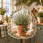 Thyme christmas ornament with terracotta pot, tiny green leaves, botanical edging and warm farmhouse kitchen context.