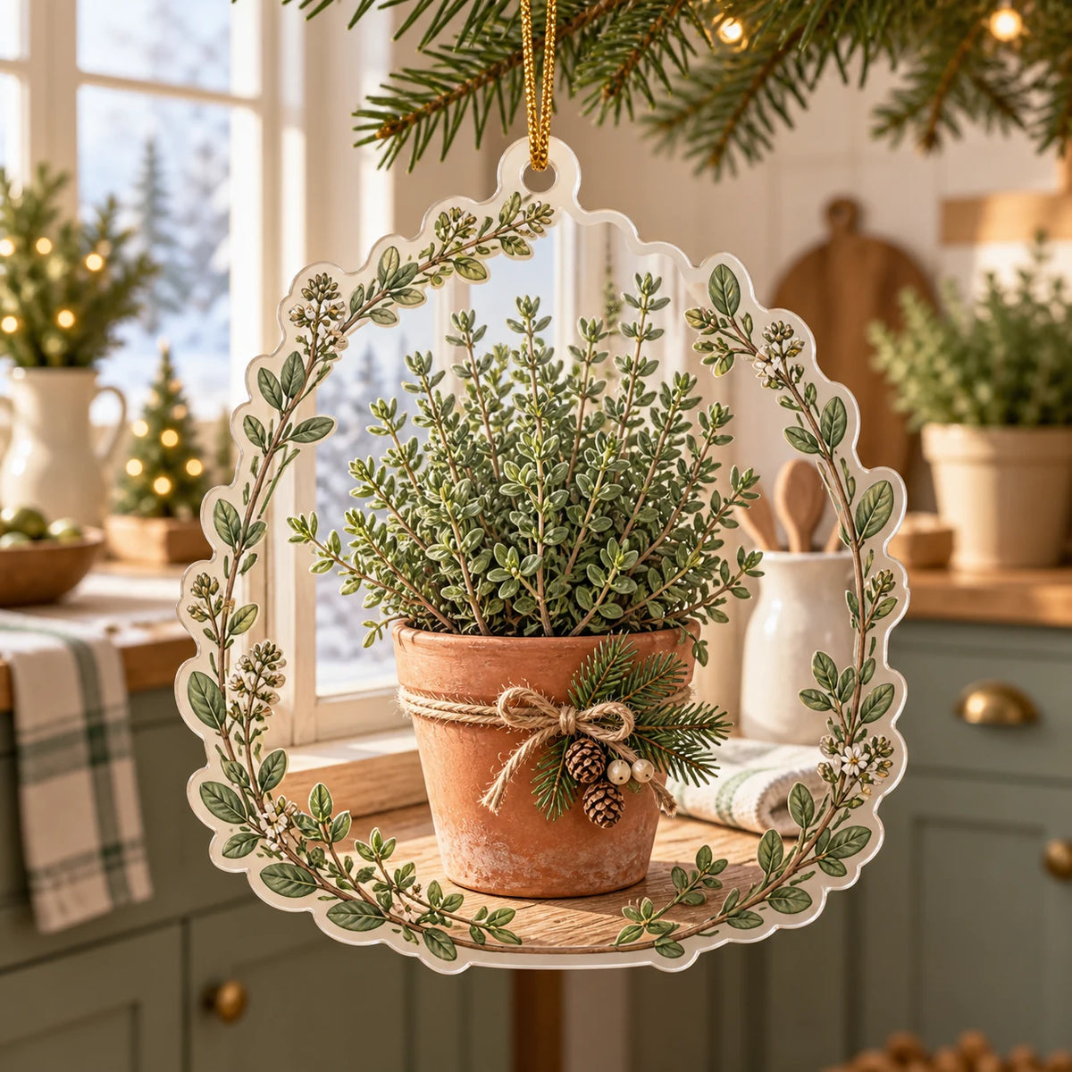 Thyme christmas ornament with terracotta pot, tiny green leaves, botanical edging and warm farmhouse kitchen context.