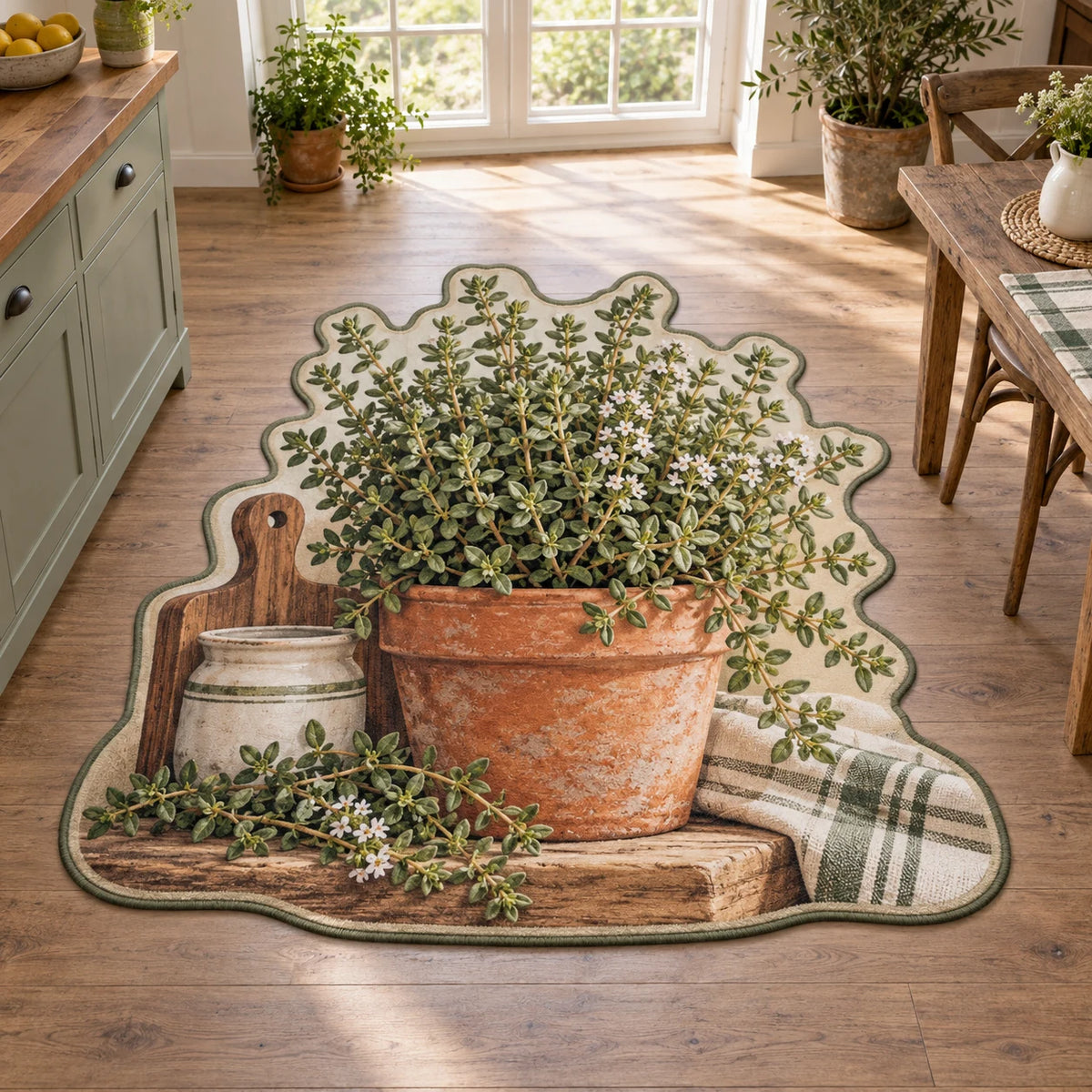 Thyme custom shape area rug with terracotta pot, tiny green leaves, botanical edging and warm farmhouse kitchen context.