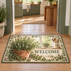 Thyme doormat with terracotta pot, tiny green leaves, botanical edging and warm farmhouse kitchen context.