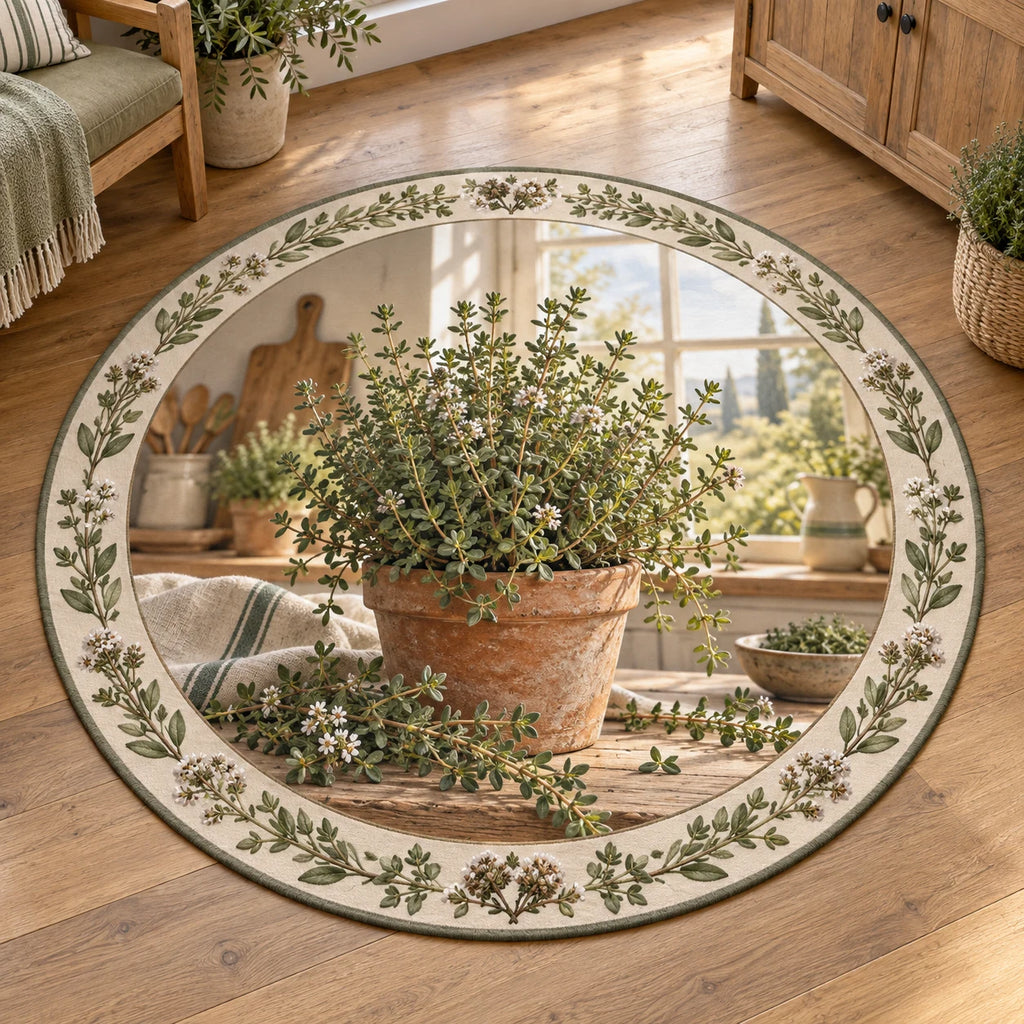 Thyme round mat rug with terracotta pot, tiny green leaves, botanical edging and warm farmhouse kitchen context.