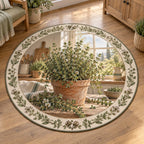 Thyme round mat rug with terracotta pot, tiny green leaves, botanical edging and warm farmhouse kitchen context.