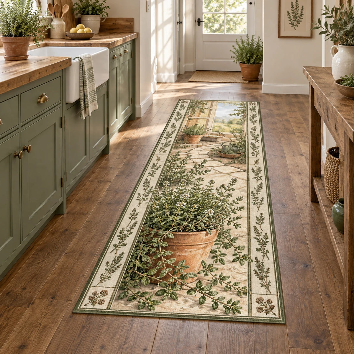 Thyme runner rug with terracotta pot, tiny green leaves, botanical edging and warm farmhouse kitchen context.