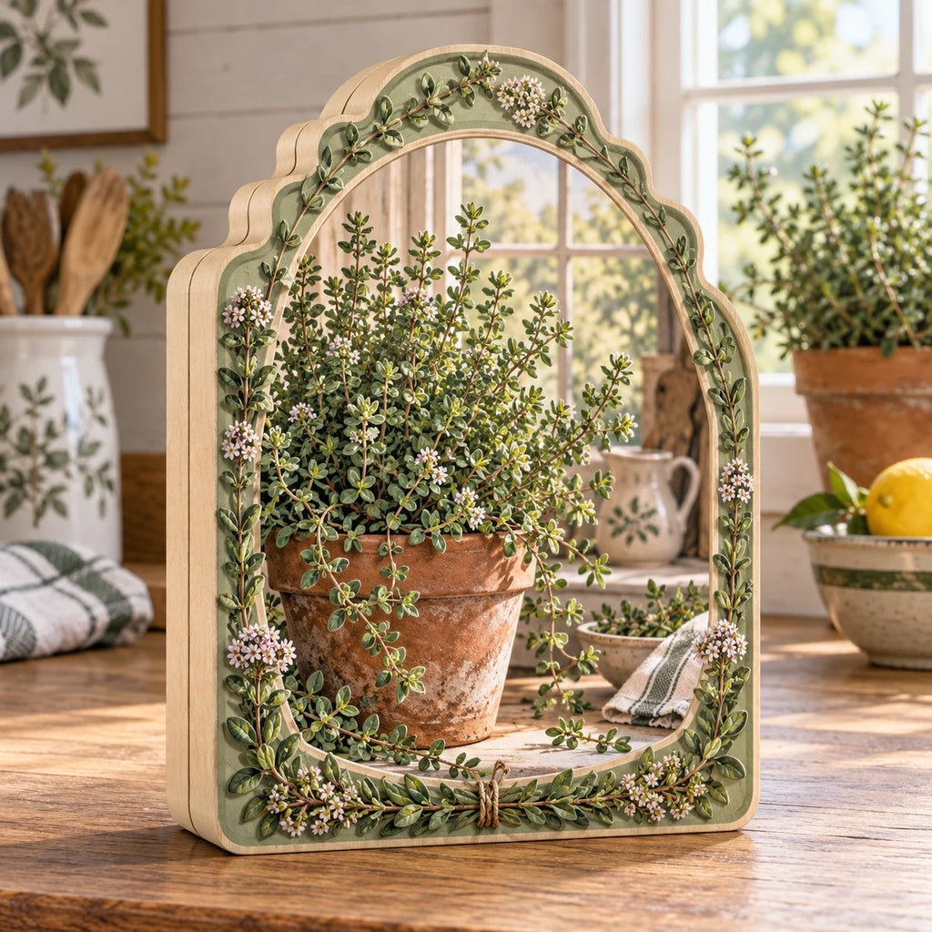 Thyme wooden block with terracotta pot, tiny green leaves, botanical edging and warm farmhouse kitchen context.