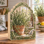 Thyme wooden block with terracotta pot, tiny green leaves, botanical edging and warm farmhouse kitchen context.