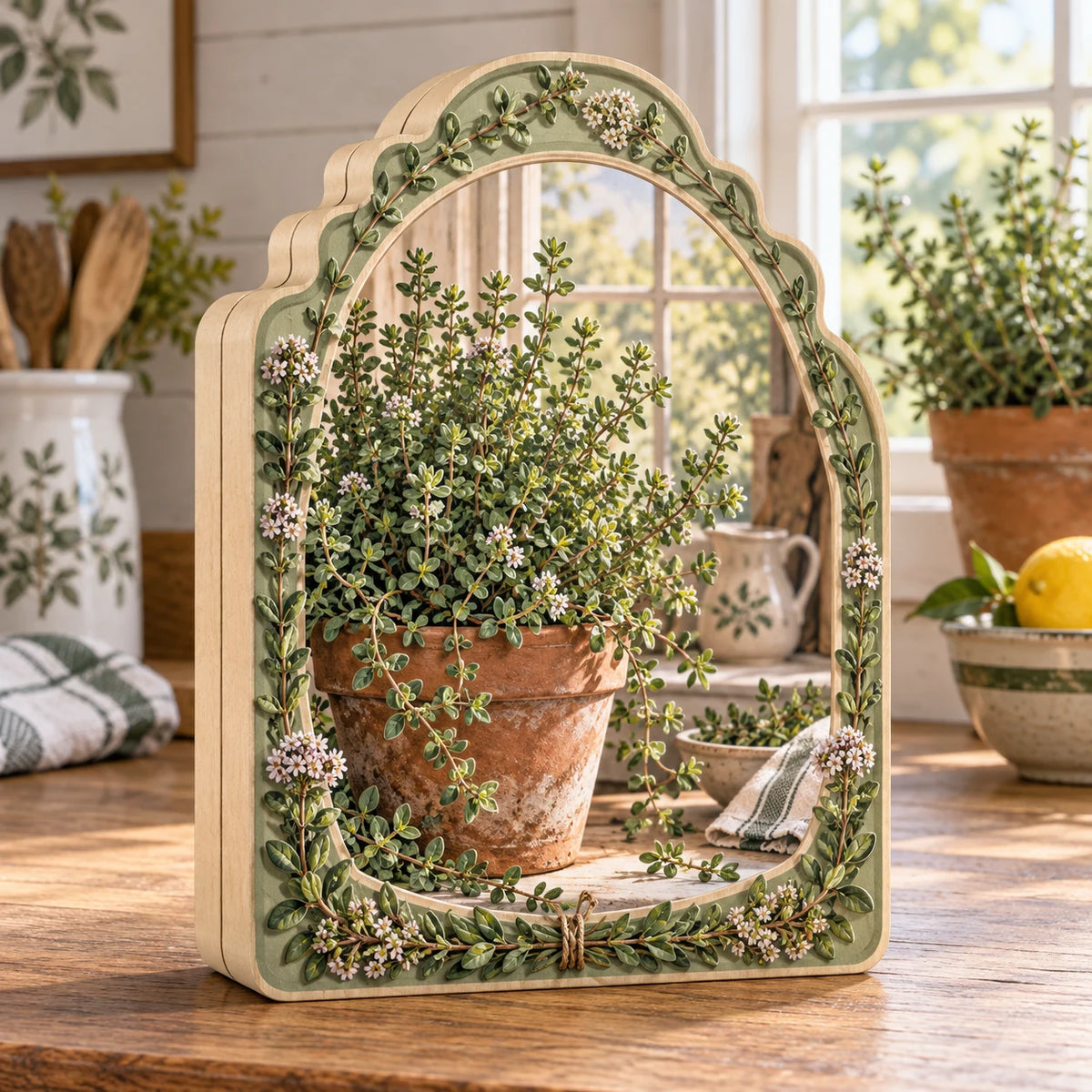 Thyme wooden block with terracotta pot, tiny green leaves, botanical edging and warm farmhouse kitchen context.