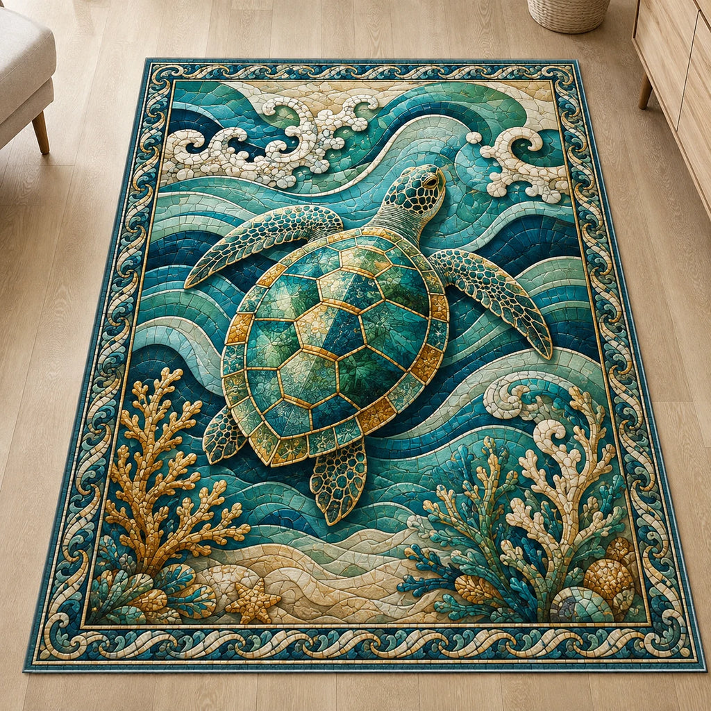 Turquoise sea turtle with gold-edged mosaic shell, layered ocean waves and coral details on a coastal printed rug.