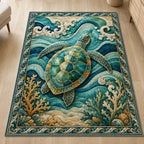 Turquoise sea turtle with gold-edged mosaic shell, layered ocean waves and coral details on a coastal printed rug.