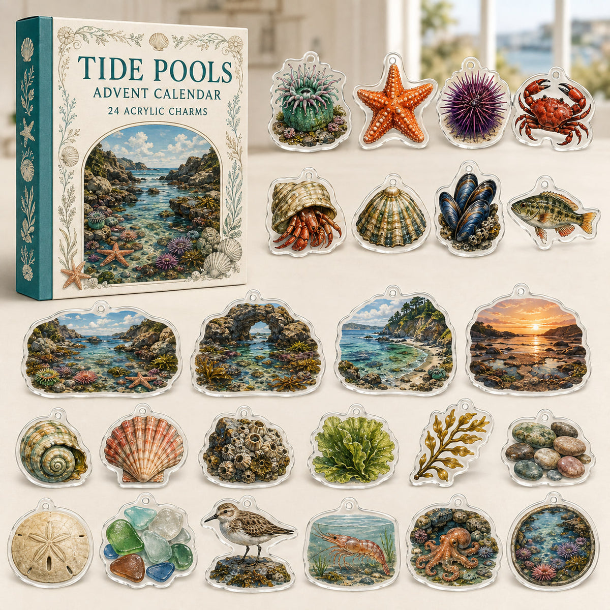 Tide Pools advent calendar with24 printed acrylic coastal charms