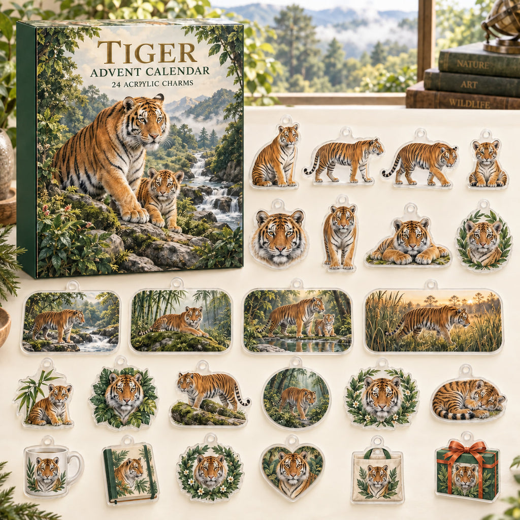 Tiger advent calendar box with 24 themed flat printed acrylic charms