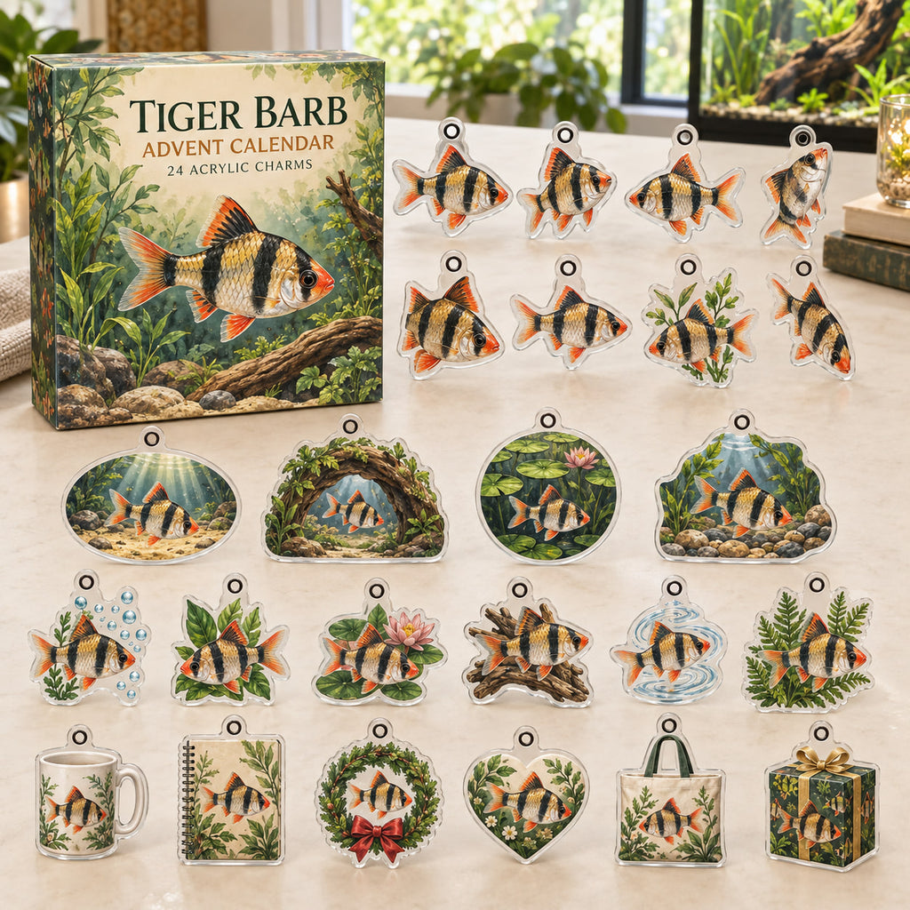 Tiger Barb advent calendar box with 24 themed flat printed acrylic charms