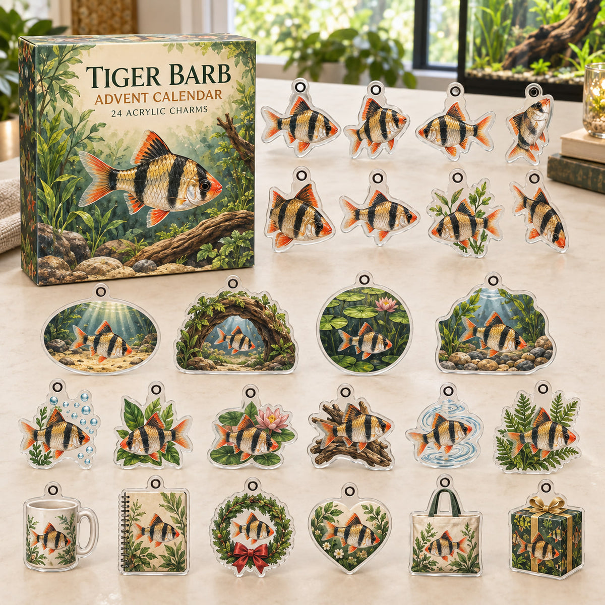 Tiger Barb advent calendar box with 24 themed flat printed acrylic charms