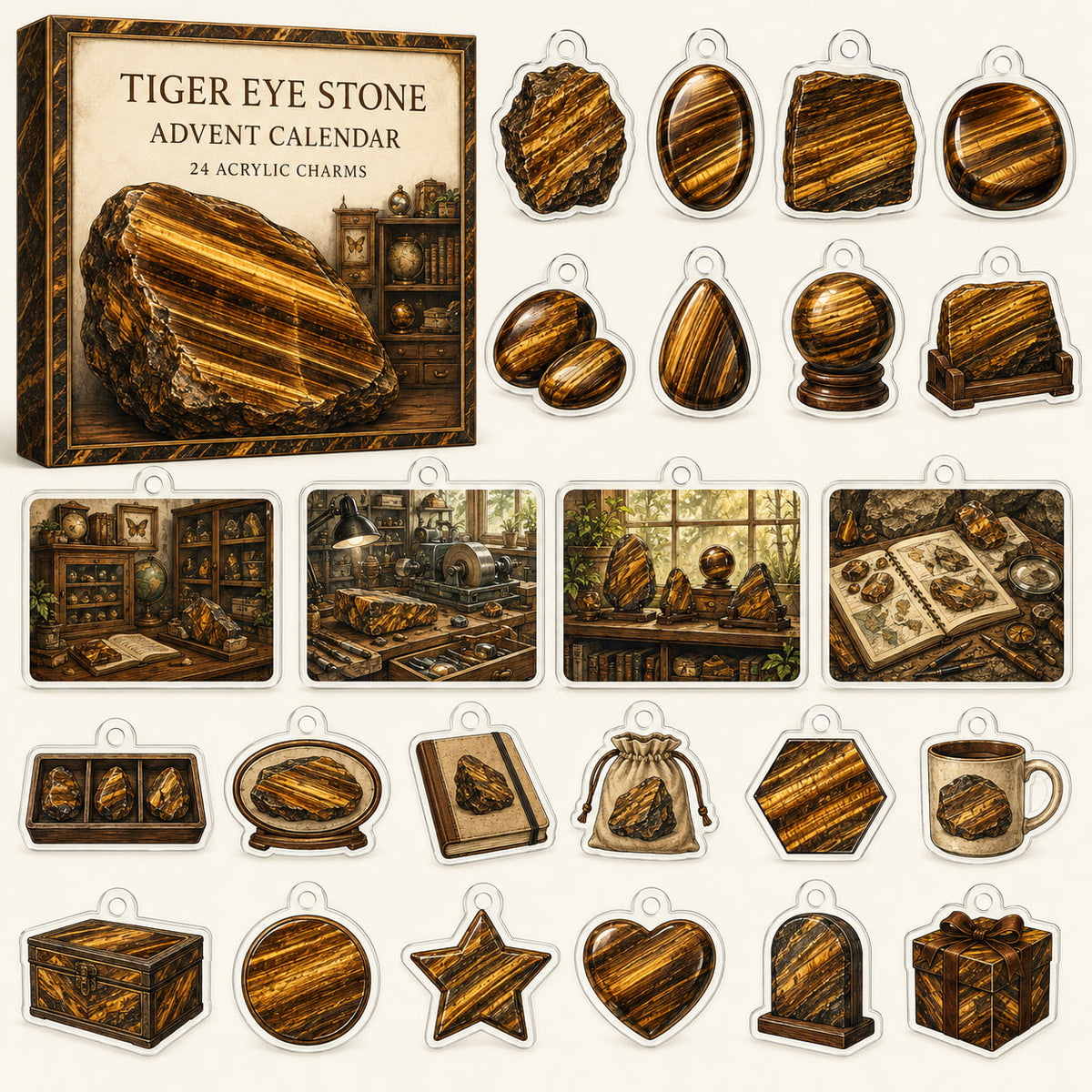 Tiger Eye Stone advent calendar box and 24 mineral-themed printed acrylic charms