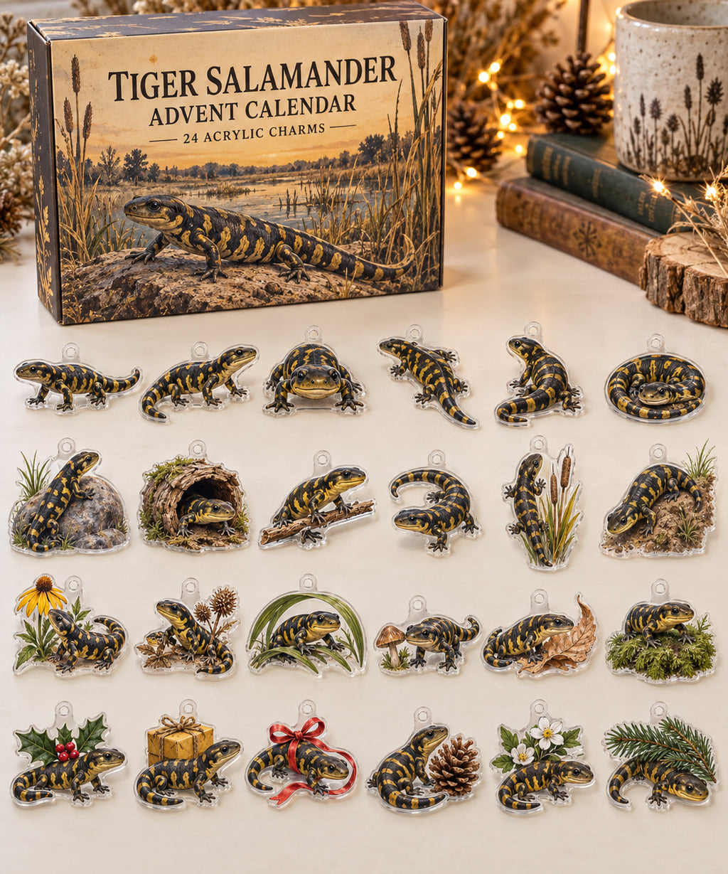 Tiger Salamander advent calendar with 24 custom-shaped flat acrylic charms and printed dimensional artwork