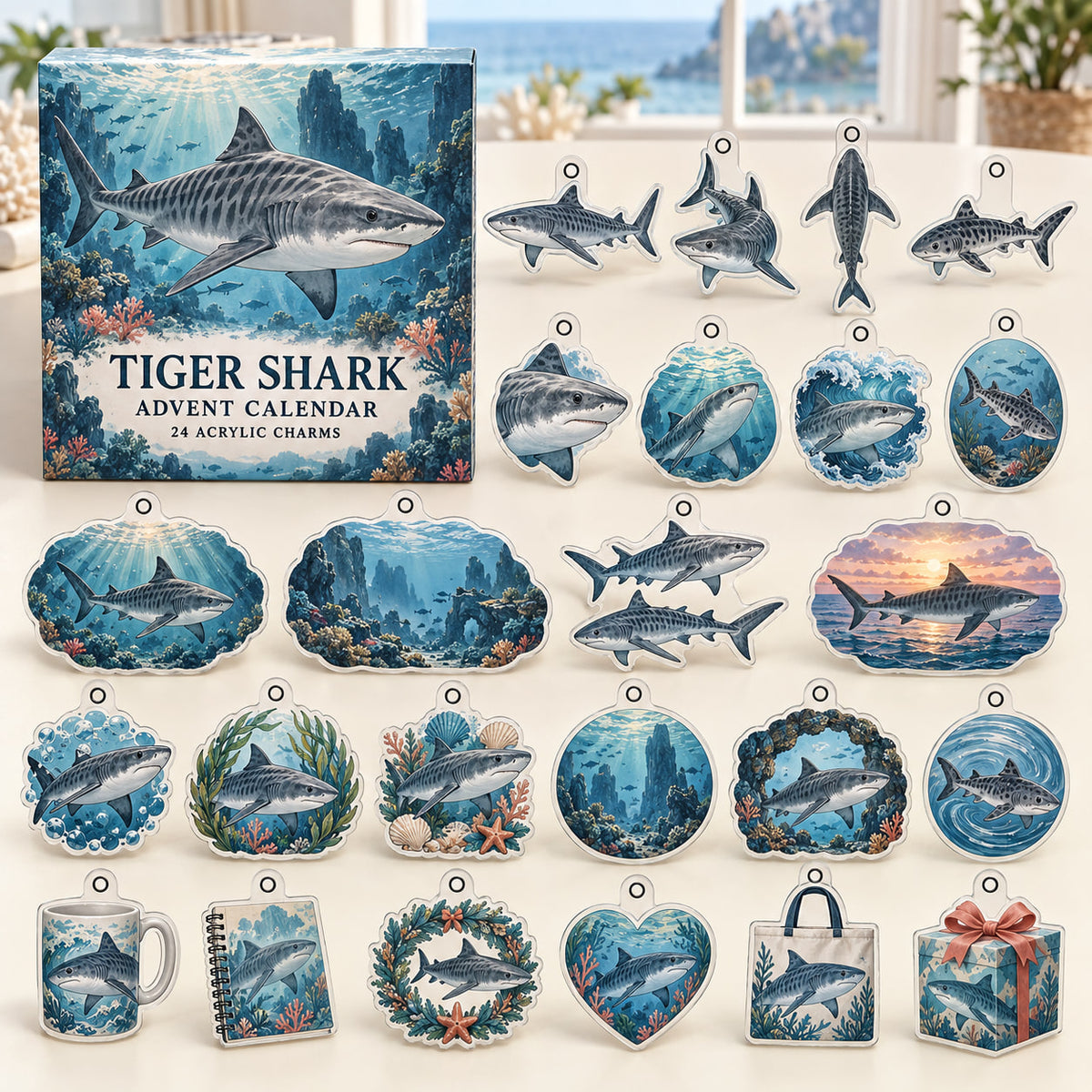 Tiger Shark advent calendar box with 24 themed flat printed acrylic charms