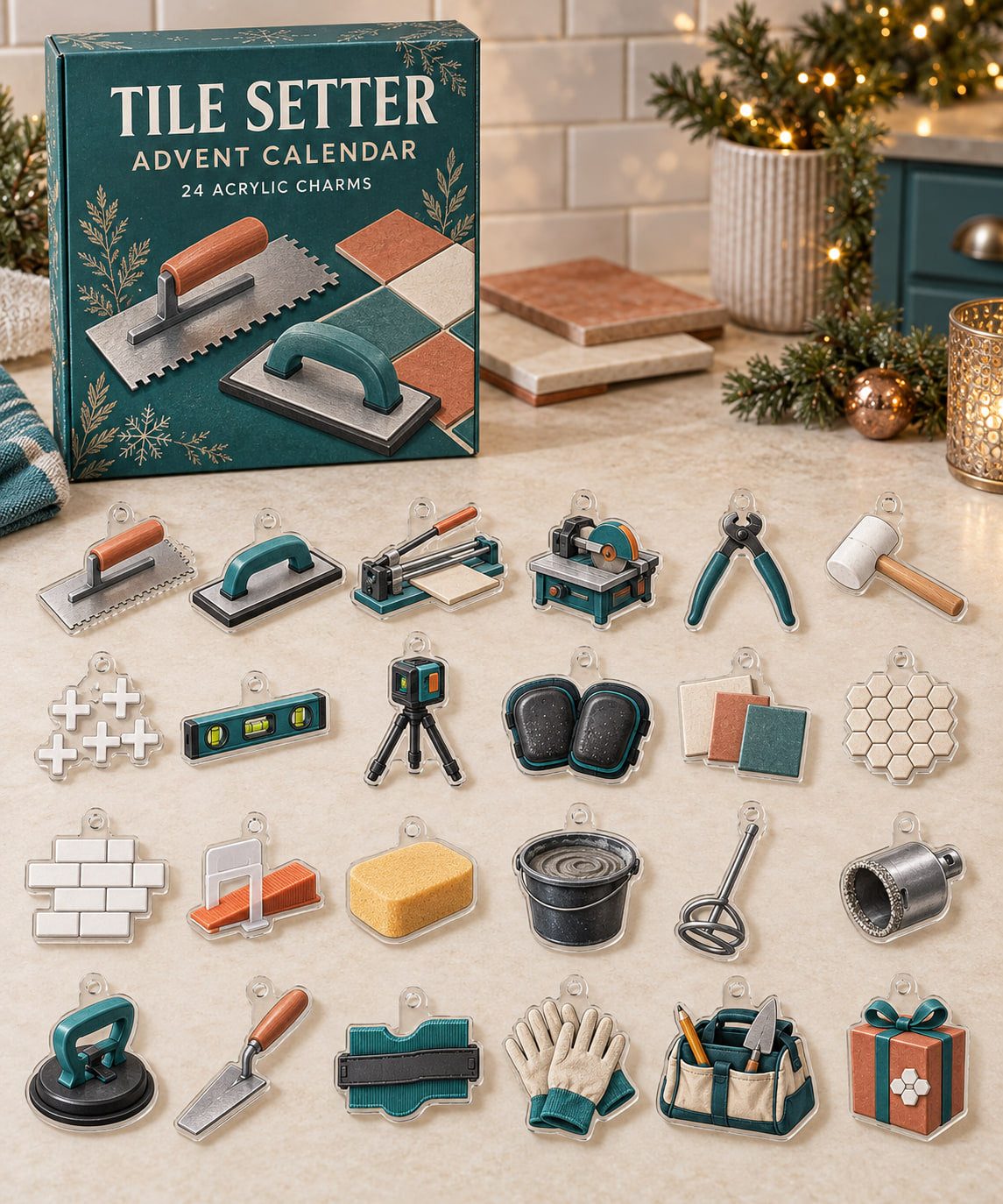 Tile Setter advent calendar with 24 custom-shaped flat acrylic charms and printed dimensional artwork