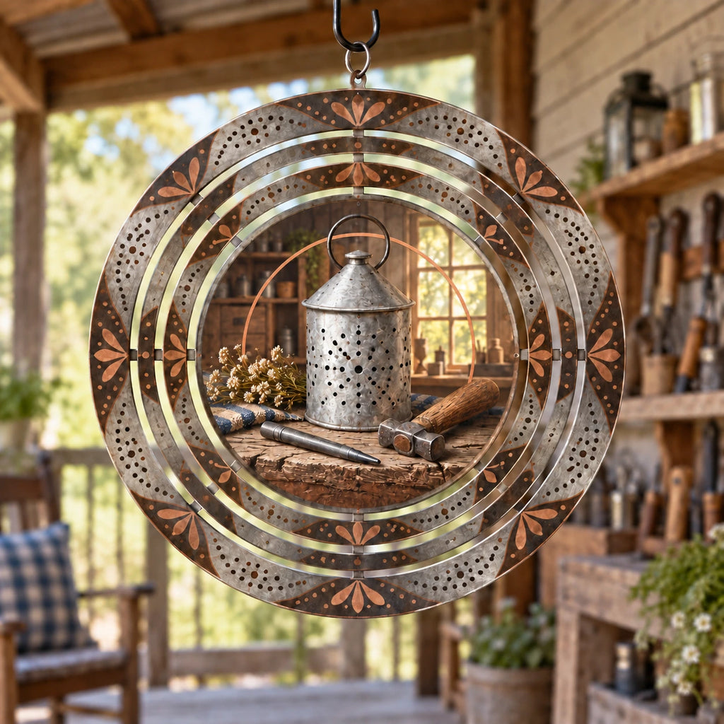 Tin Punch Lantern Workshop Wind Spinner with original printed optical 3D artwork