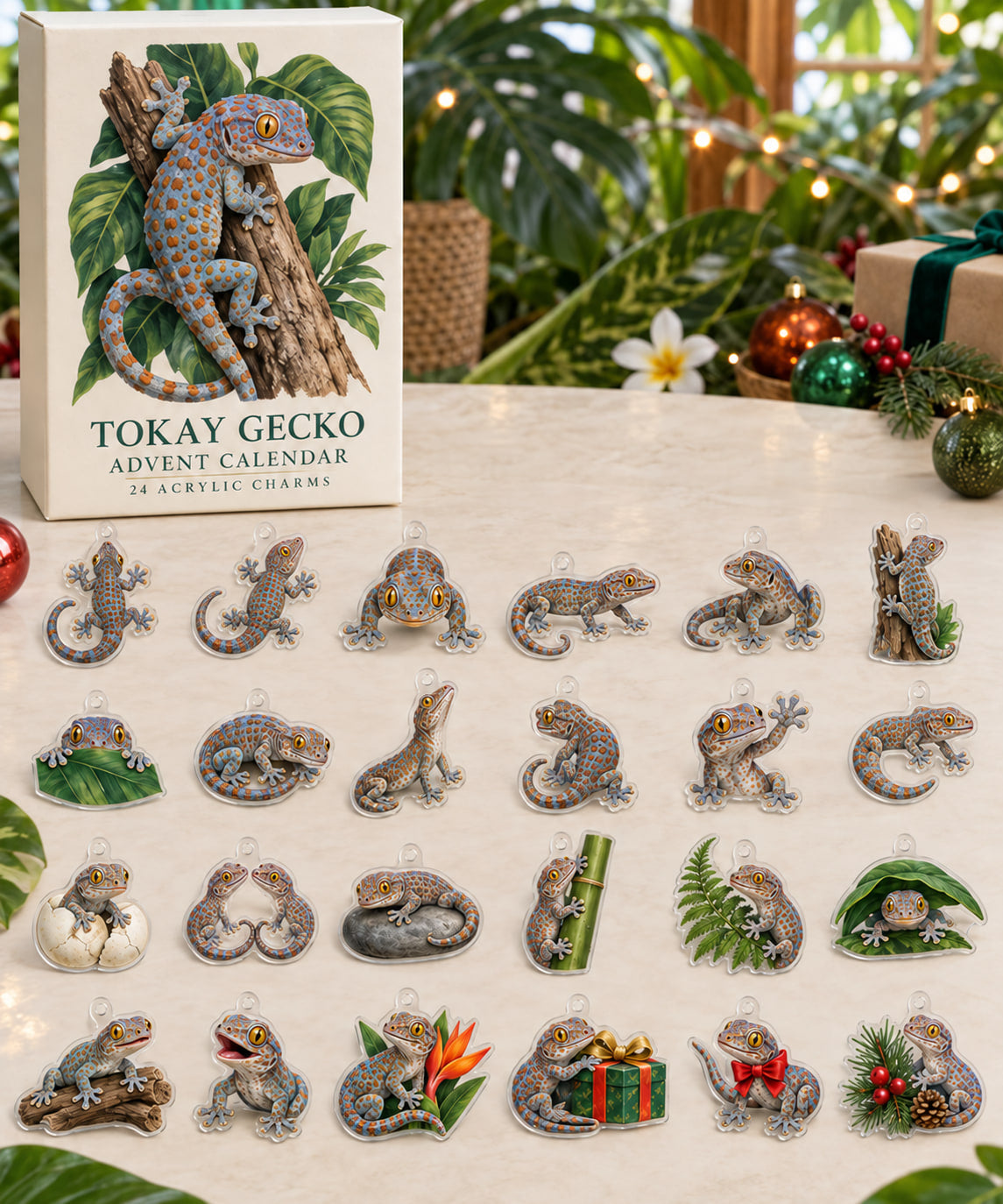 Tokay Gecko advent calendar with 24 custom-shaped flat acrylic charms and printed dimensional artwork