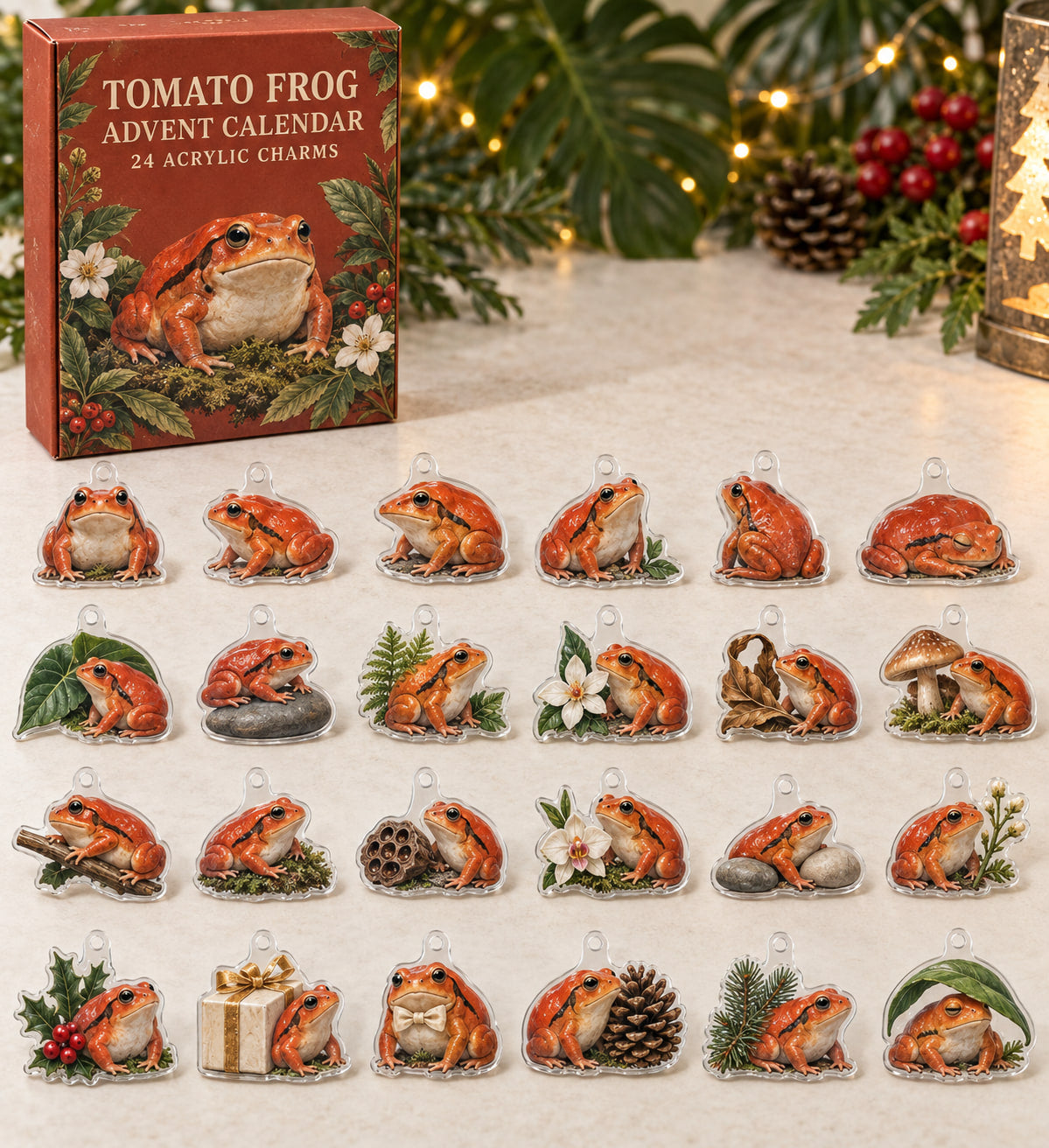 Tomato Frog advent calendar with 24 custom-shaped flat acrylic charms and printed dimensional artwork