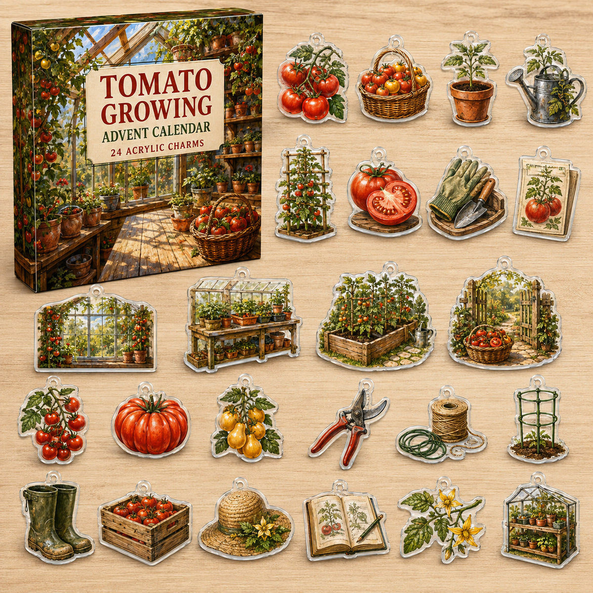 Tomato Growing advent calendar box with 24 printed botanical and garden acrylic charms