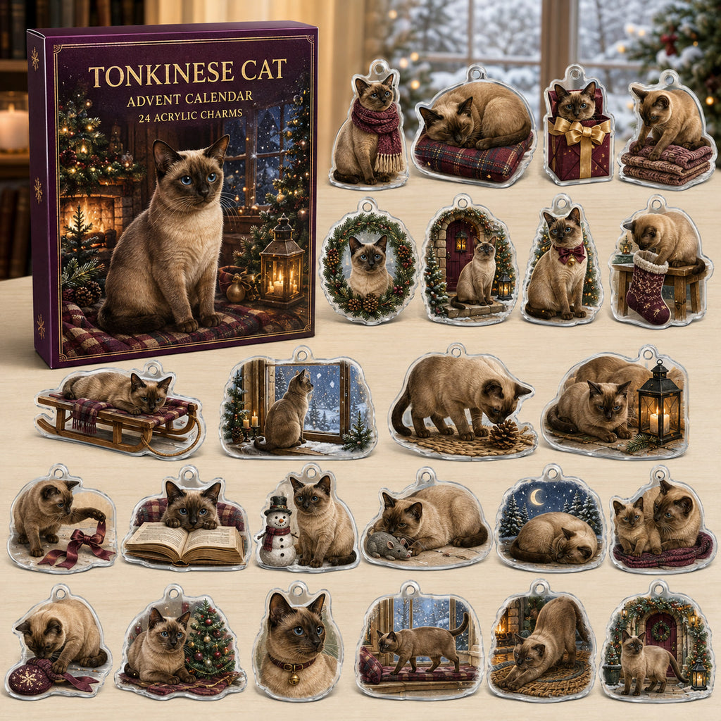 Tonkinese Cat advent calendar box and 24 illustrated acrylic charms displayed on an ivory tabletop in a winter setting