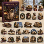 Tonkinese Cat advent calendar box and 24 illustrated acrylic charms displayed on an ivory tabletop in a winter setting