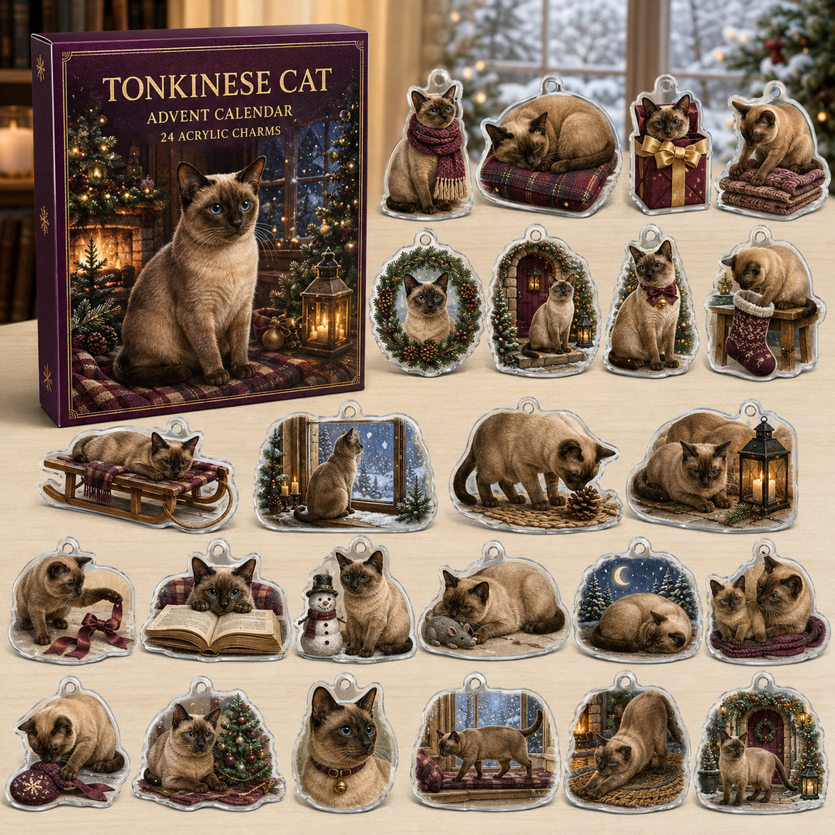 Tonkinese Cat advent calendar box and 24 illustrated acrylic charms displayed on an ivory tabletop in a winter setting