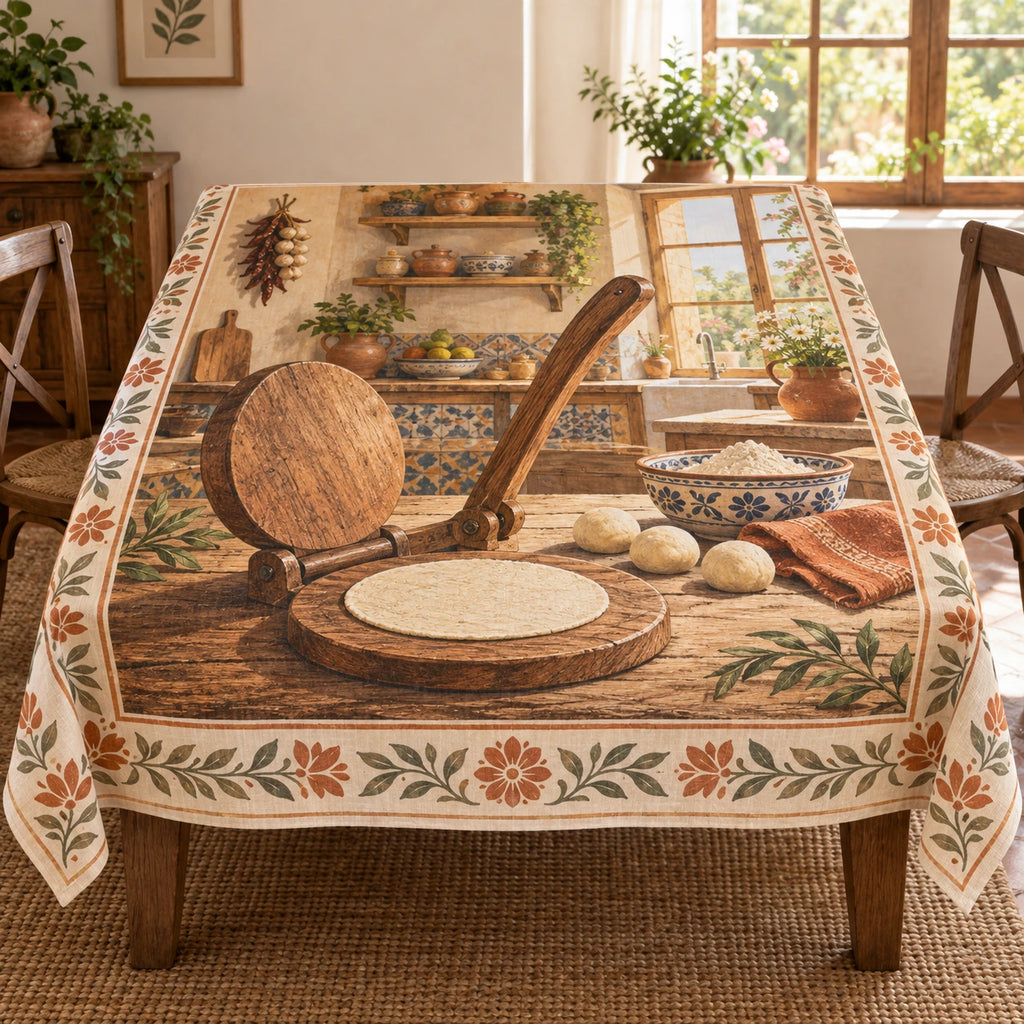 Tortilla Making Kitchen Tablecloth with original printed optical 3D artwork