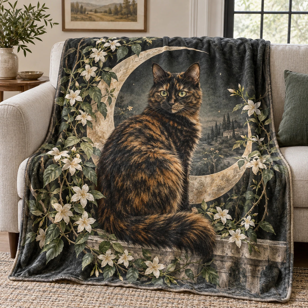 Tortoiseshell Cat Moon Garden Fleece Blanket with printed dimensional artwork