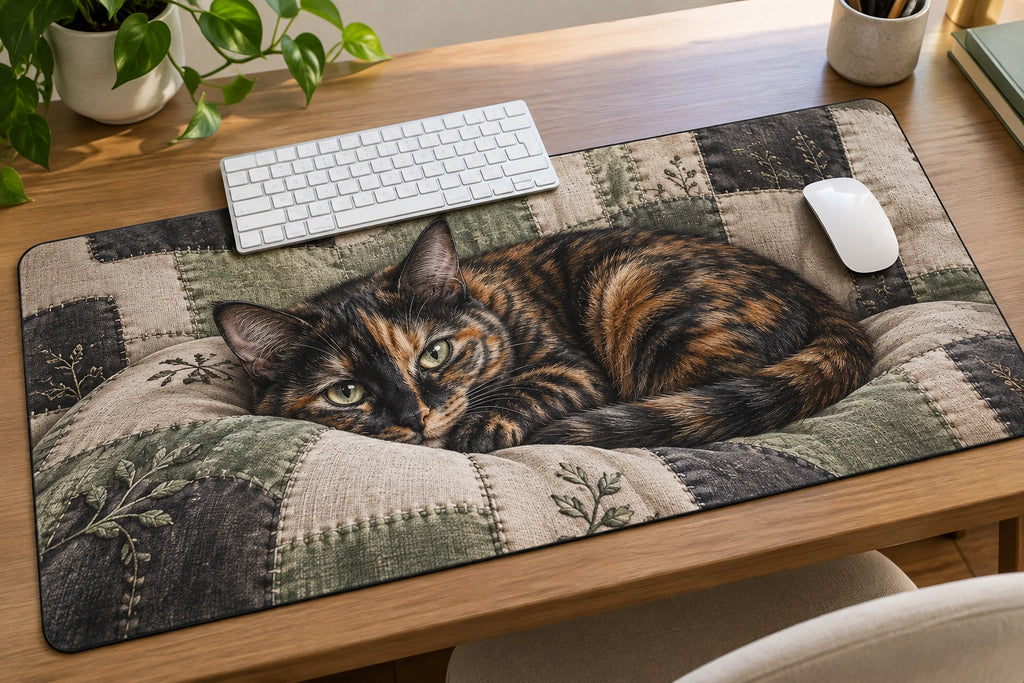 Tortoiseshell Cat Quilted Cushion Desk Mat with printed dimensional artwork