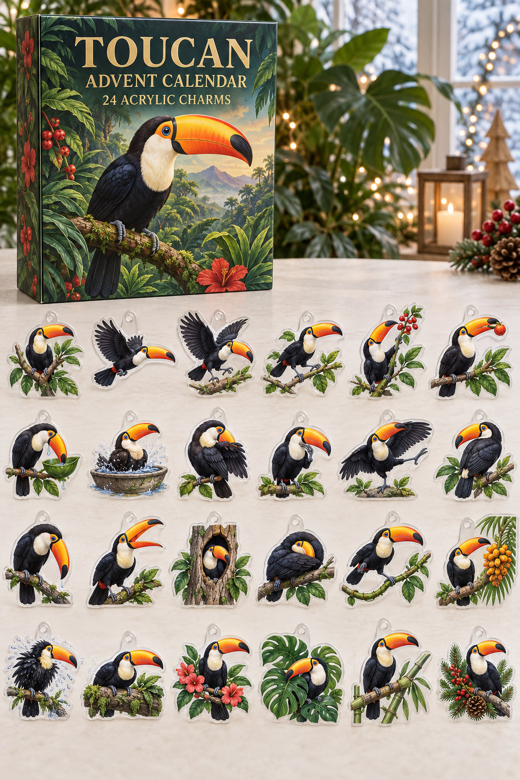 Toucan advent calendar with 24 custom-shaped flat acrylic charms and printed dimensional artwork