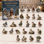 Toulouse Goose advent calendar box and full set of 24 illustrated acrylic charms on a light tabletop