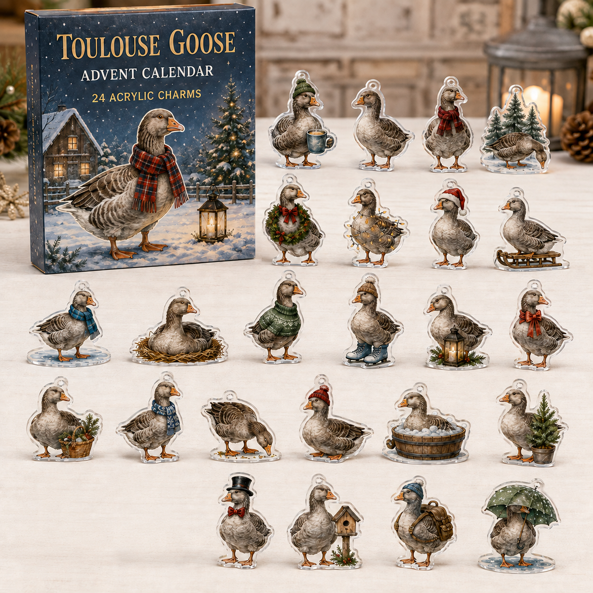 Toulouse Goose advent calendar box and full set of 24 illustrated acrylic charms on a light tabletop