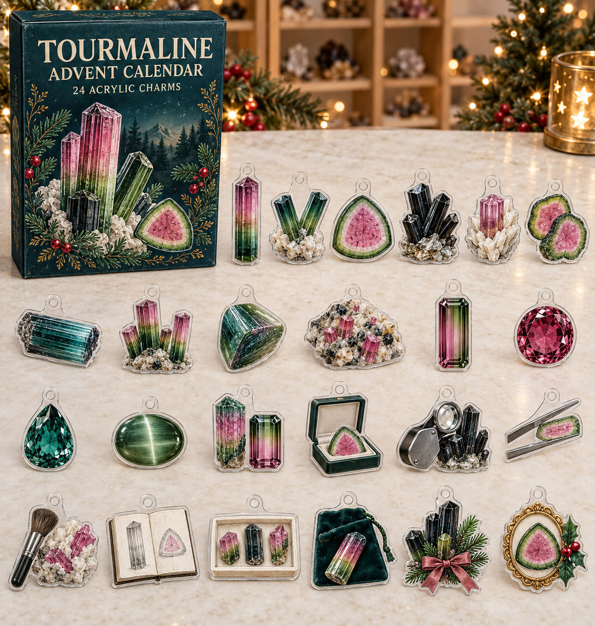 Tourmaline advent calendar with 24 custom-shaped flat acrylic charms and printed dimensional artwork