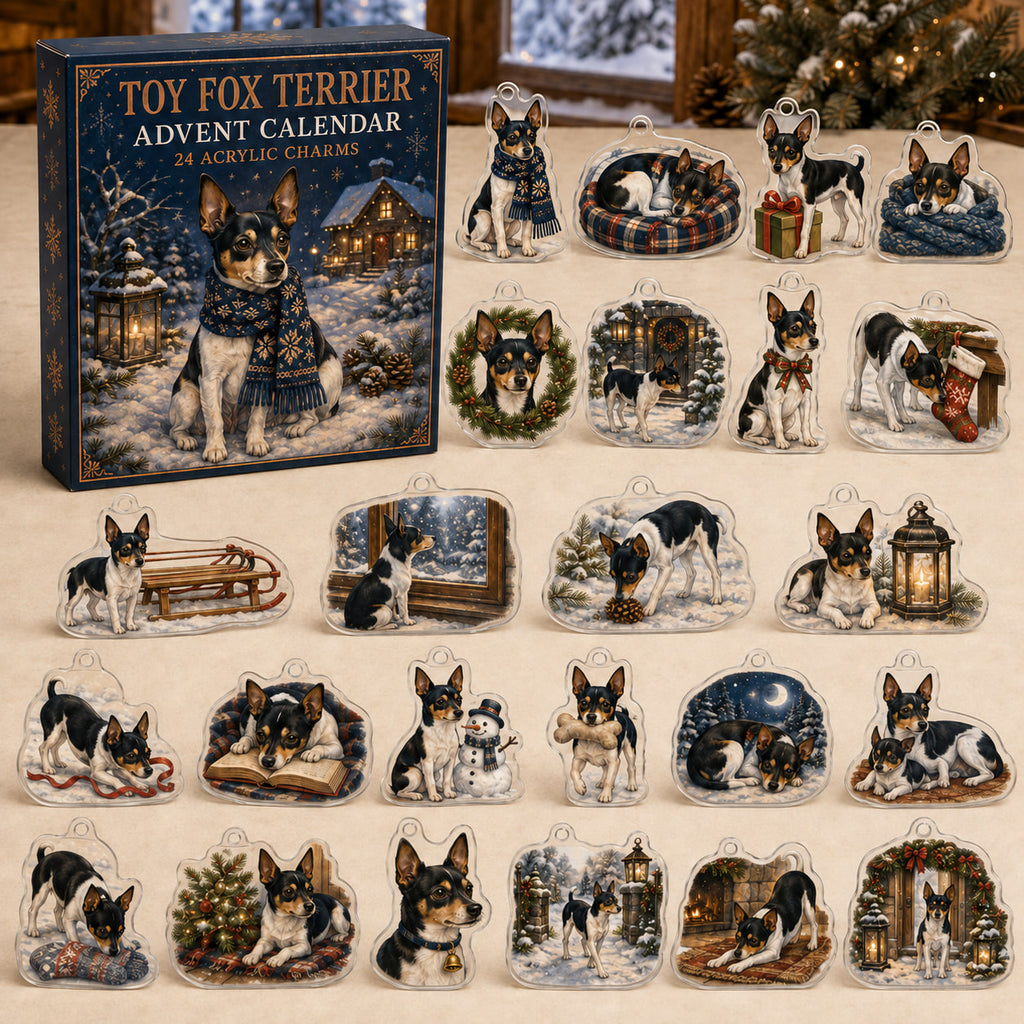 Toy Fox Terrier advent calendar box and 24 illustrated acrylic charms displayed on an ivory tabletop in a winter setting