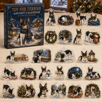 Toy Fox Terrier advent calendar box and 24 illustrated acrylic charms displayed on an ivory tabletop in a winter setting