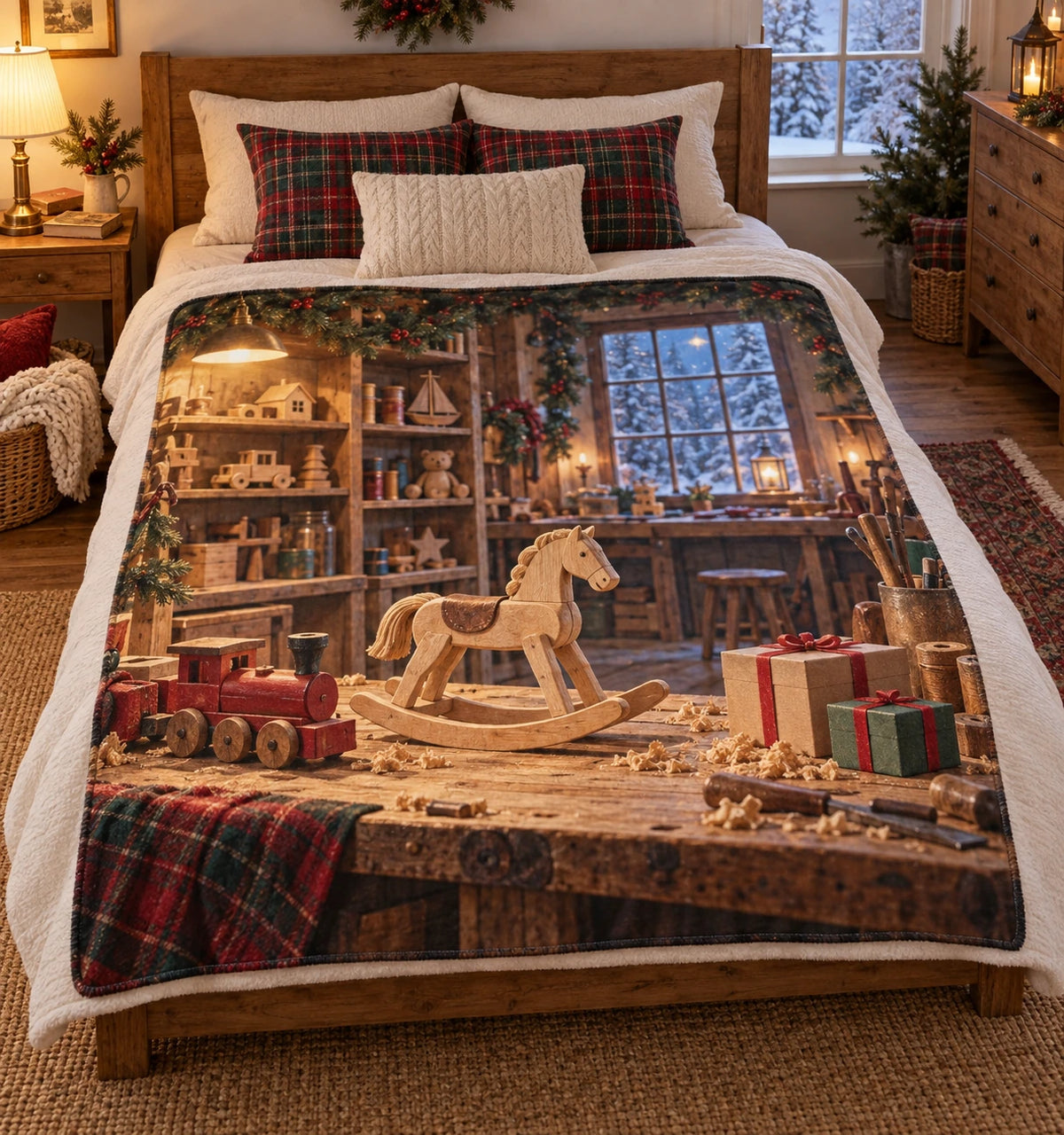 Wooden rocking horse and festive toy workshop, flat printed fleece throw blanket.