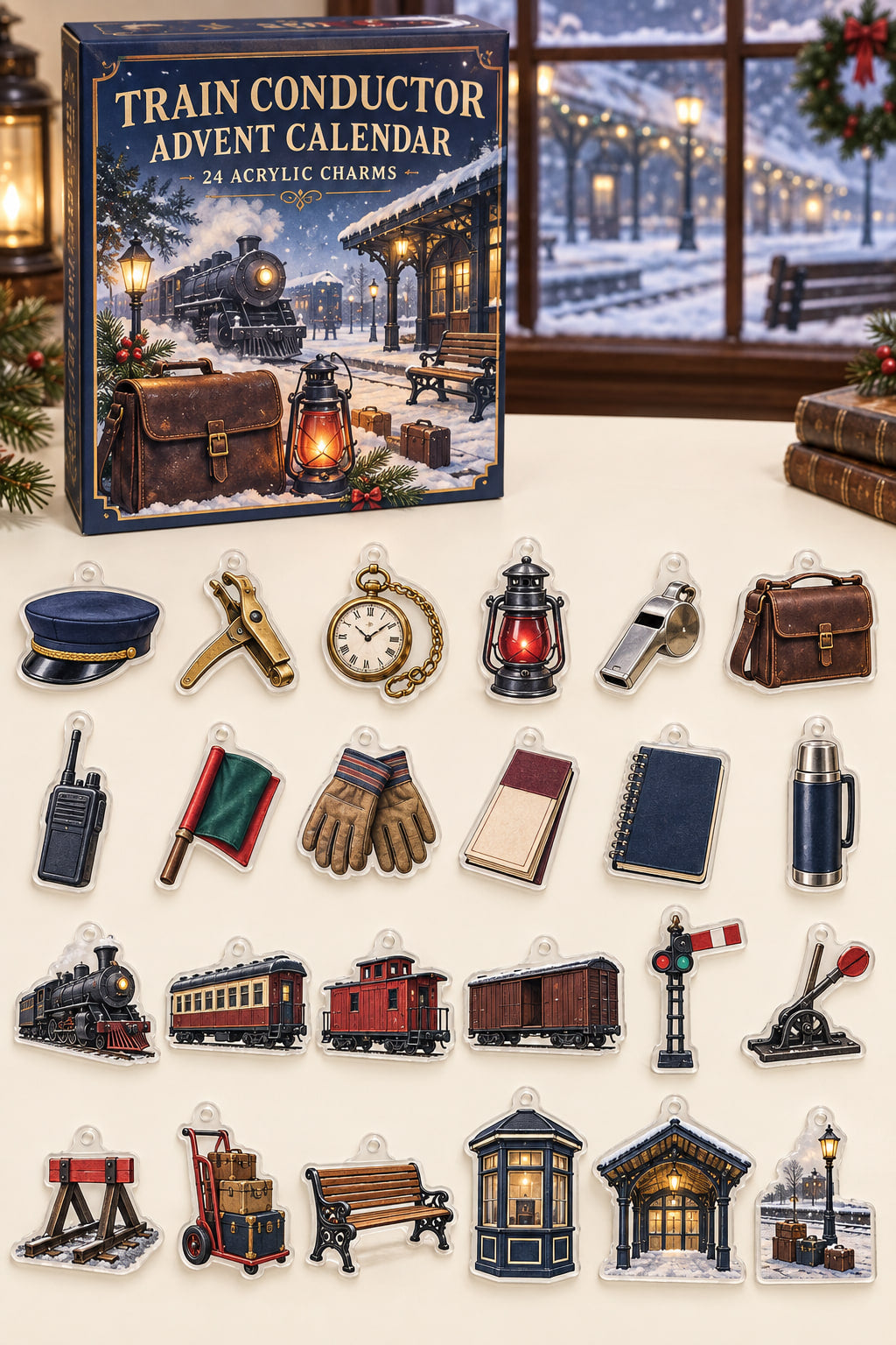 Train conductor advent calendar with24 custom-shaped flat acrylic charms and printed dimensional artwork