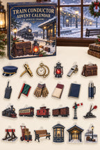 Train conductor advent calendar with24 custom-shaped flat acrylic charms and printed dimensional artwork
