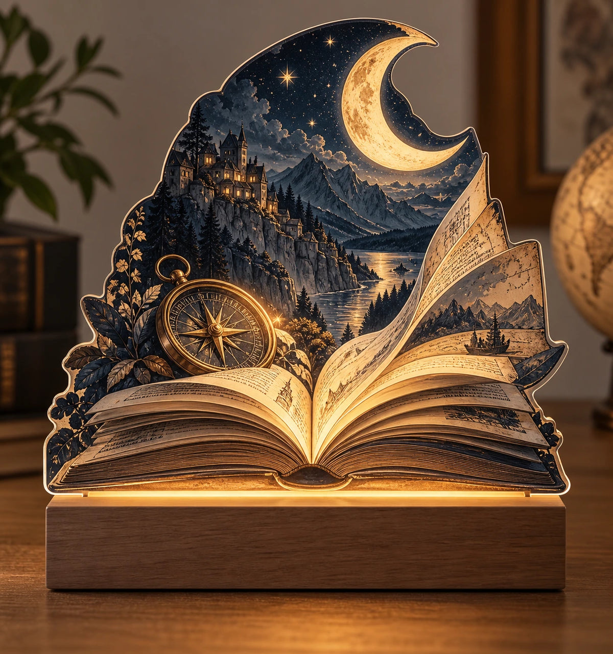 Travel Reader Moonlit Pages Acrylic Night Light with printed dimensional artwork