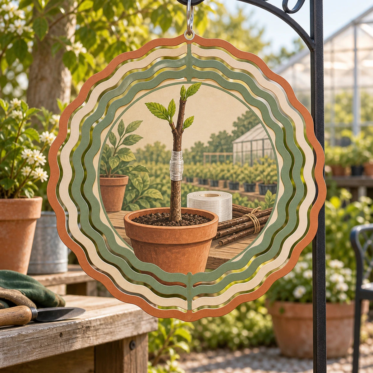 Tree Grafting Potting Bench Wind Spinner with original printed optical 3D artwork