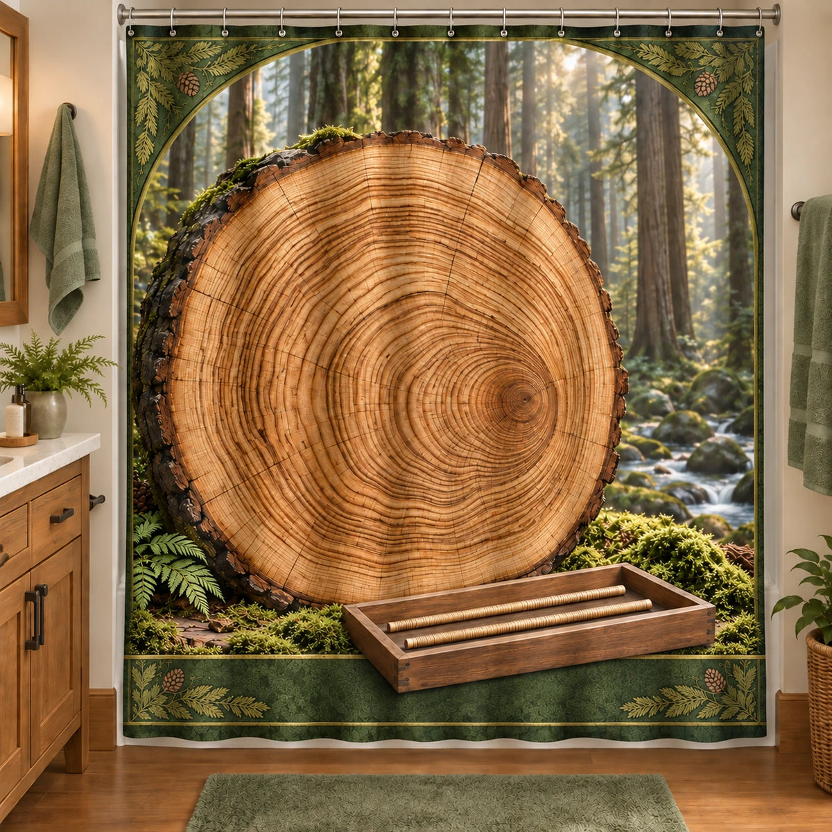 Tree Ring Study Forest Shower Curtain with original printed optical 3D artwork