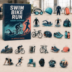 Triathlon Swim Bike Run advent calendar gift box with 24 illustrated acrylic charms arranged on a light tabletop