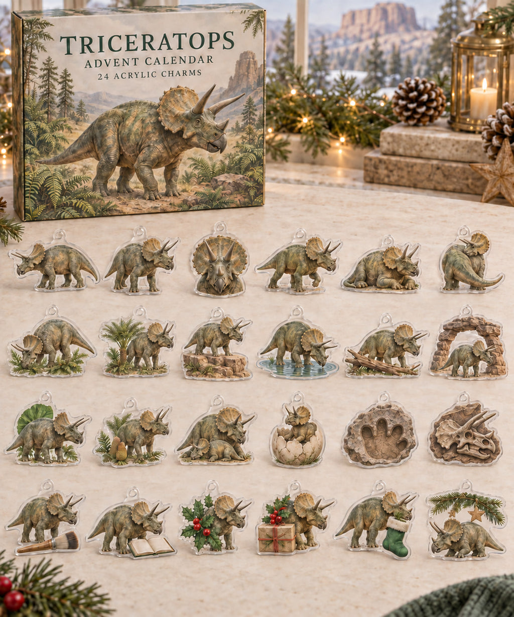 Triceratops advent calendar with 24 custom-shaped flat acrylic charms and printed dimensional artwork