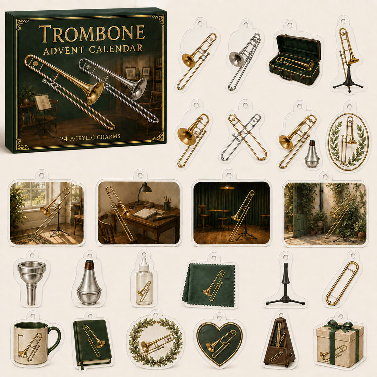 Trombone advent calendar box with 24 themed printed acrylic charms