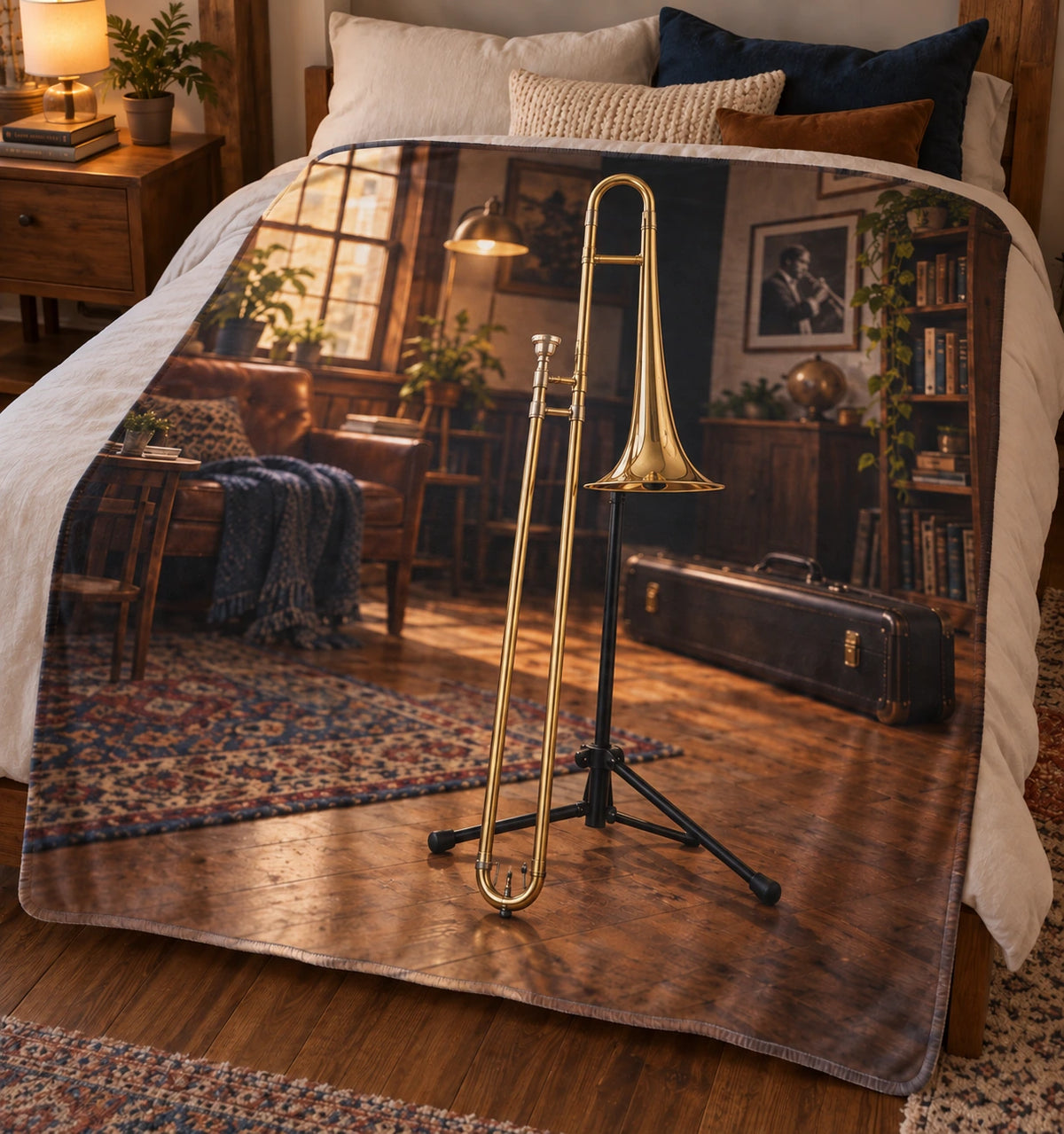 Brass trombone in warm music studio, flat printed fleece throw blanket.