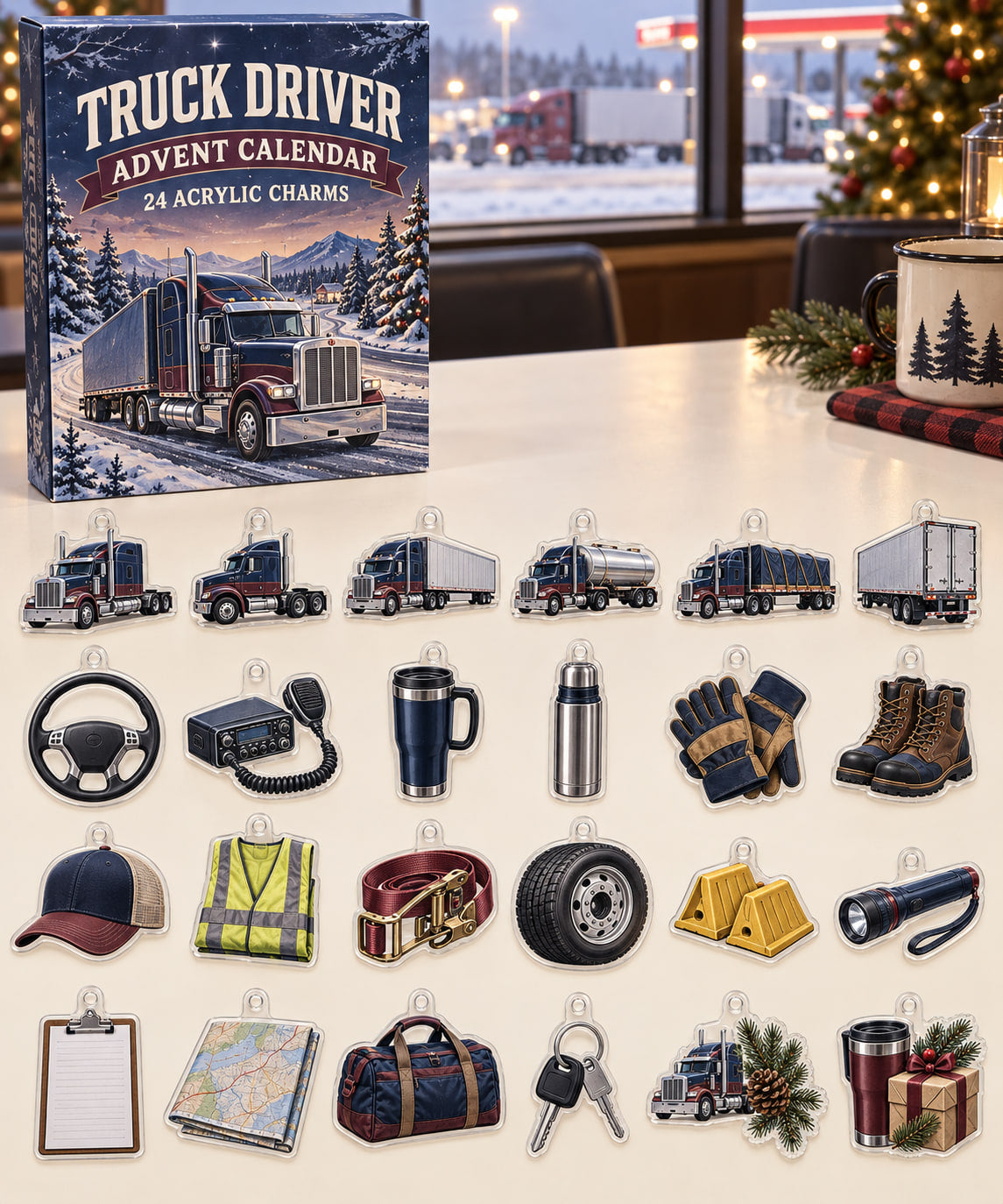 Truck Driver advent calendar with 24 custom-shaped flat acrylic charms and printed dimensional artwork
