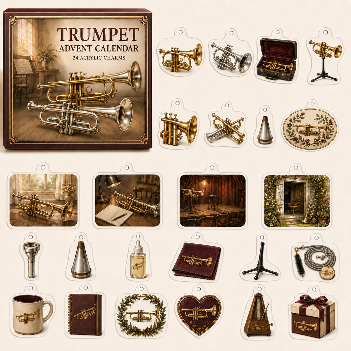 Trumpet advent calendar box with 24 themed printed acrylic charms